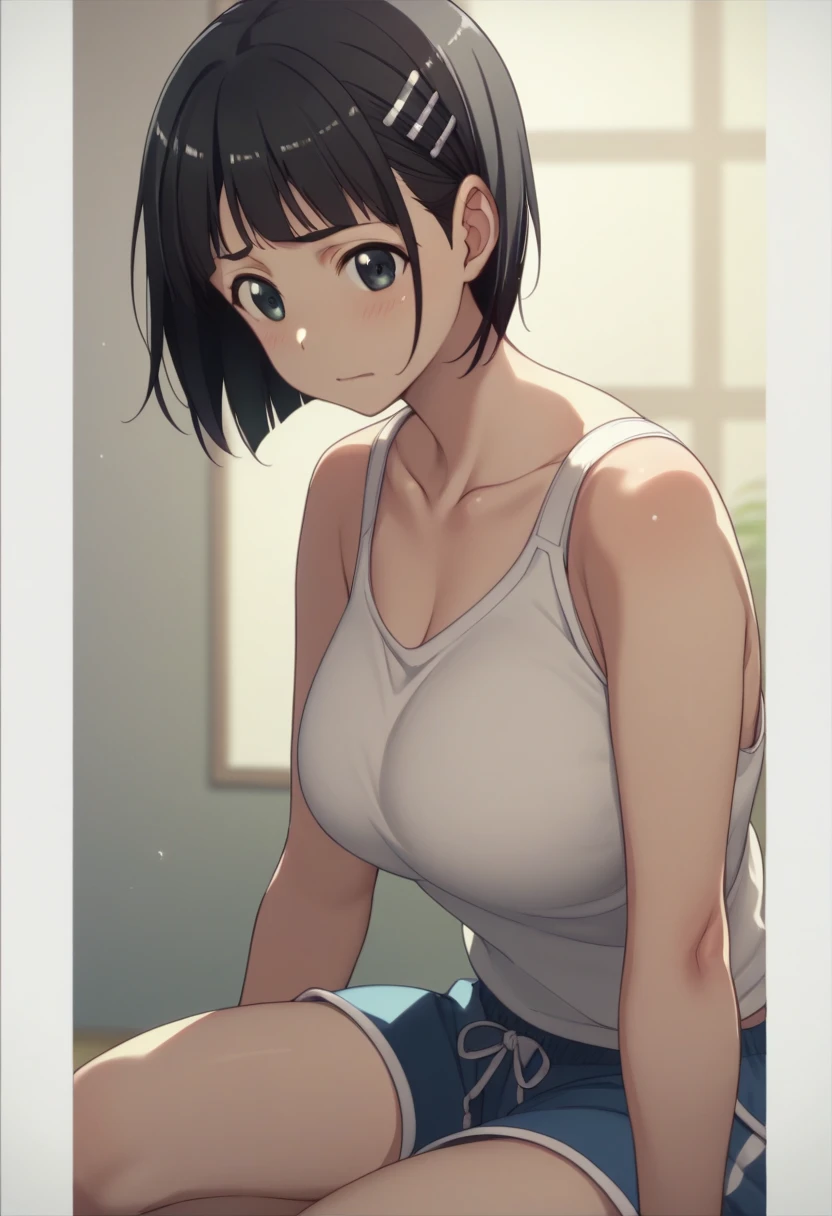 Best Quality、masterpiece、 girl１people、 short hair、Black Hair、Big Breasts、Re-suguha 、Kirihara Naoha 、 perfect body、tank top black、Bloomers、White Bra、gym、Bow