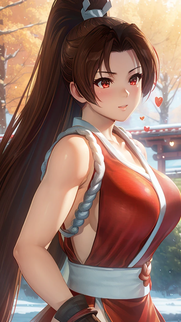 Mai Shiranui、Wonderful ,  cell shading ,oil,((Post-Impressionism)),(Look up:1.2),Post-Impressionism,  Droplets  , good, soft writing,nice, Super Closeup Shot ,View from the window,Snow Outdoors ,( Drinking Cooff ), ( Establishing Shot :1.5),Long Hair, Brown Hair, Mai Shiranui,(( Red Birch Pullover )), upper body, ( LOL:1.1), ( open your mouth :1.1),  opens eyes , sunlight, Bokeh,  depth of field,  blurry background, Particles of light, Strong winds, (  Giant Heart Particles:1.2), nose brush seen from the front,(( clevis)), watching viewers, big breasts at the temple:1.2,