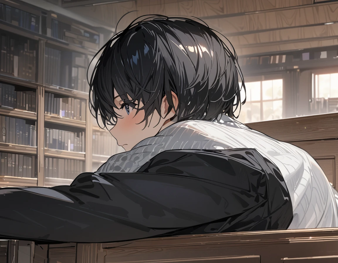 （masterpiece, Best Quality:1.2)、male、Black Hair、 short hair、 black pants 、Large desk、Under the desk、 spreads legs、 Sitting on a Wooden Chair 、Library、 side view、Close-up