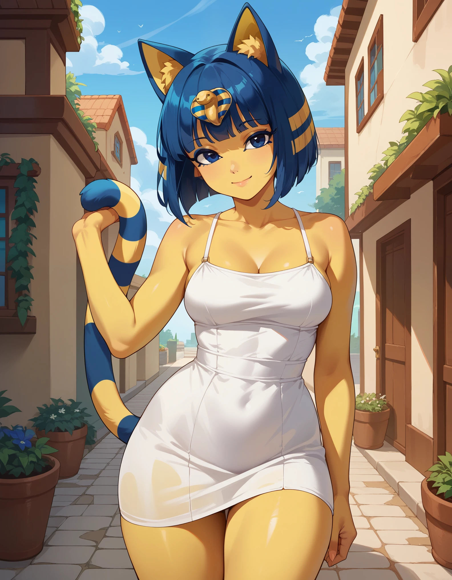 score_9, score_8_up, score_7_up, source_anime, rating_safe, best quality, masterpiece,  
BREAK
ankha (animal crossing), 1girl, ;3, animal ears, standing, looking at viewer, blue eyes, blue hair, cat ears, cat tail, closed mouth, colored skin, female focus, looking at viewer, outdoors, short hair, medium breasts, smile, solo, standing, tail, thighs, yellow skin, white dress, female focus, outdoors
