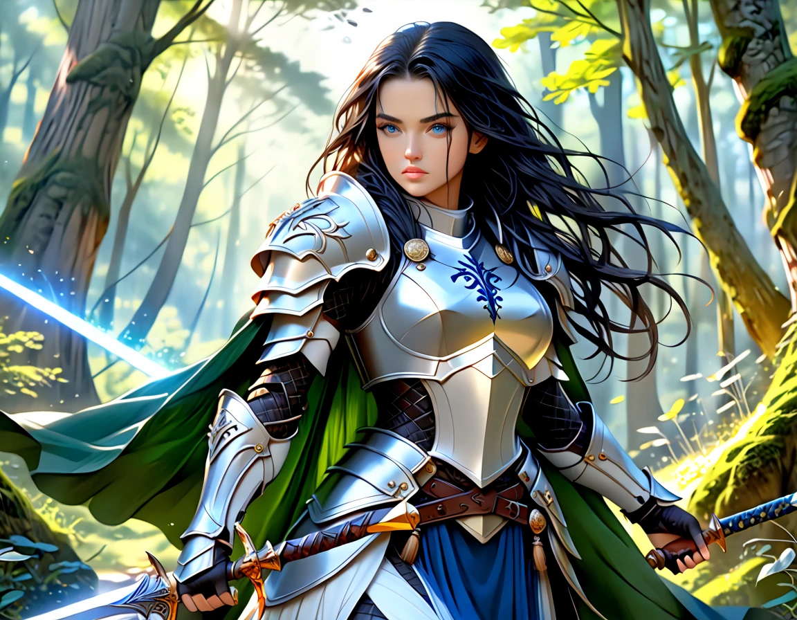 a picture of woman paladin of nature protecting the forest, a woman knight, black hair, long hair, full body (best details, Masterpiece, best quality :1.5), ultra detailed face (best details, Masterpiece, best quality :1.5), ultra feminine (best details, Masterpiece, best quality :1.5), (black hair: 1.2), long hair, braided hair, pale skin, (deep blue: 1.2) eyes, intense eyes, wearying heavy armor, (white armor: 1.2)  (best details, Masterpiece, best quality :1.5), (green cloak: 1.2) , armed with a sword, glowing sword GlowingRunes_yellow, fantasy forest background, fantasy photography style, magical atmosphere magic-fantasy-forest, ultra best realistic, best details, best quality, 16k, [ultra detailed], masterpiece, best quality, (extremely detailed), ultra wide shot, photorealism, depth of field, hyper realistic painting, Realistic
