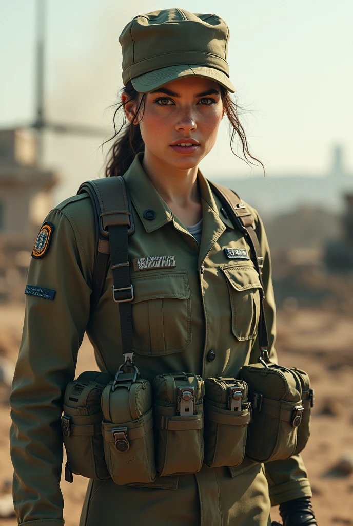 Beautiful girl in army military outfit, fazendo uma pose 