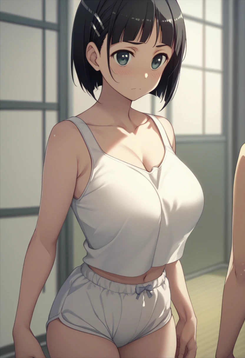 Best Quality、masterpiece、 girl１people、 short hair、Black Hair、Big Breasts、Re-suguha 、Kirihara Naoha 、 perfect body 、tank top black、Bloomers、White Bra、gym、Bow　shirt mismatch 