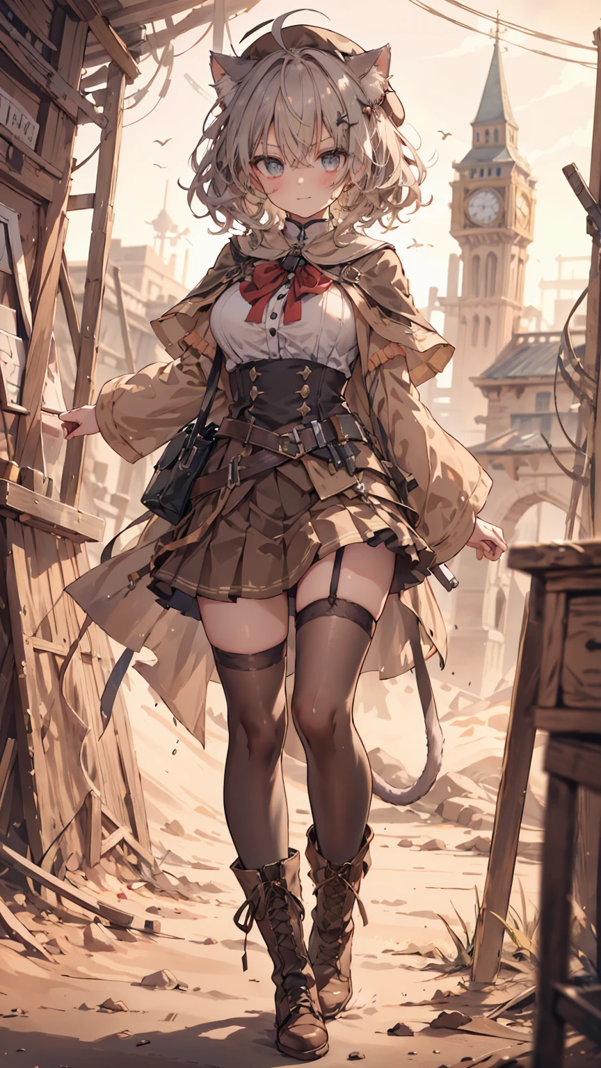 masterpiece, 1 girl, sparrow, a grey haired girl, wearing a medieval school clothes, curly short hair, messy hair, slim body, he close her left eye, shirt ornament, ruby eyes, ahoge, baby face, beautiful eyes, boots, droopy eyes, her age is 19, short hair, curly hair, MongolPunkAI, view from right down, lend a hand to you, he very close to you, smug smile, rainbow_one, brown tunic shirt, brown pleated skirt, cat ears, priestess, high quality, 8k, student, big breasts, beautiful breasts, white stocking, long sleeves, brown furry capelet, shsparkle, angry face, trinity school uniform, beret, v=tail, ww1brit