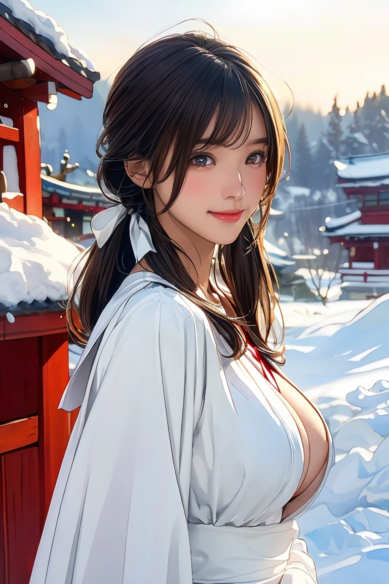 (masterpiece:1.3, highest quality, Ultra-high resolution, Very detailed), (Realistic, photoRealistic:1.4), Beautiful illustrations, Perfect lighting, Natural light, colorful, Written boundary depth, nfsw, 
Looking at the audience, (Face Focus, Upper Body), 1 girl, Japanese, high school girl, Perfect Face, Symmetrical cute face, Shiny skin, 
(Mid-length hair:1.5, Low Twintails:1.7, Brown Hair), Asymmetrical bangs, Dark red eyes, (Big Breasts:1.4), 
Beautiful Hair, Beautiful Face, Fine and beautiful eyes, Beautiful clavicle, Beautiful body, Beautiful breasts, Beautiful thighs, Beautiful legs, Beautiful fingers, 
((shrine maiden clothes, Long sleeve, for a long time, Hair Ribbon、Upper Bodyは裸です、Nipples)), (Cute Smile, Upper Eye, Lips parted), 
(Beautiful views), winter, dawn, (new year, First visit), (shrine), crowd, snow, snowfall:1.5, Frozen Weather, Frost, Are standing, walk, 