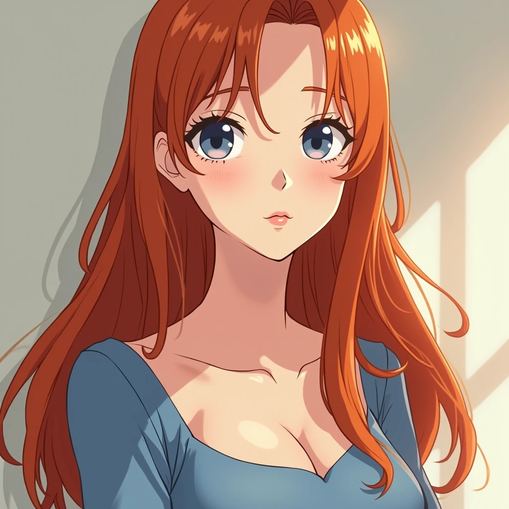 Masterpiece,best quality,Kousaka honoka, blue eyes, orange hair, looking_at_viewer, upper body, cozy top, cleavage , perfect shadow, beautiful,cozy