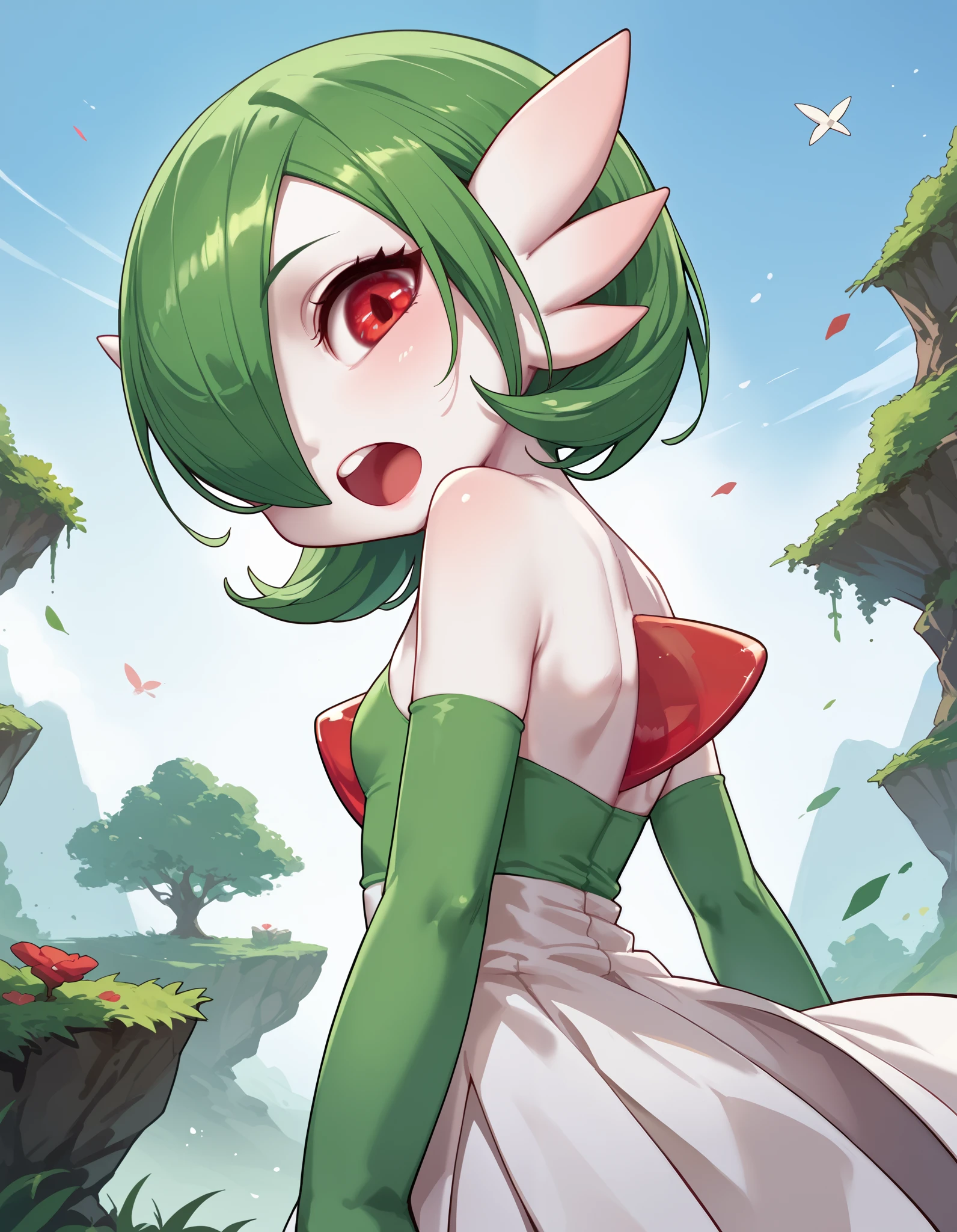 score_9, score_8_up, score_7_up,  rating_safe, best quality, masterpiece, BREAK gardevoir, solo, 1girl, colored skin, gen 3 pokemon, green hair, hair over one eye,  looking back, open mouth,  pokemon (creature), red eyes, teeth, upper teeth only, white skin