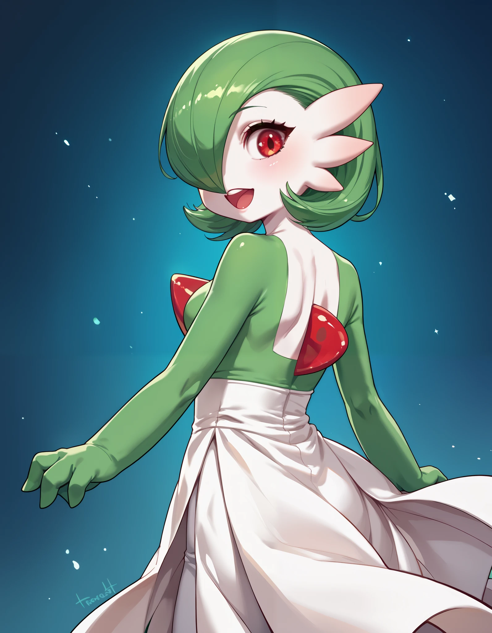 score_9, score_8_up, score_7_up,  rating_safe, best quality, masterpiece, BREAK gardevoir, solo, 1girl, colored skin, gen 3 pokemon, green hair, hair over one eye,  looking back, open mouth,  pokemon (creature), red eyes, teeth, upper teeth only, white skin