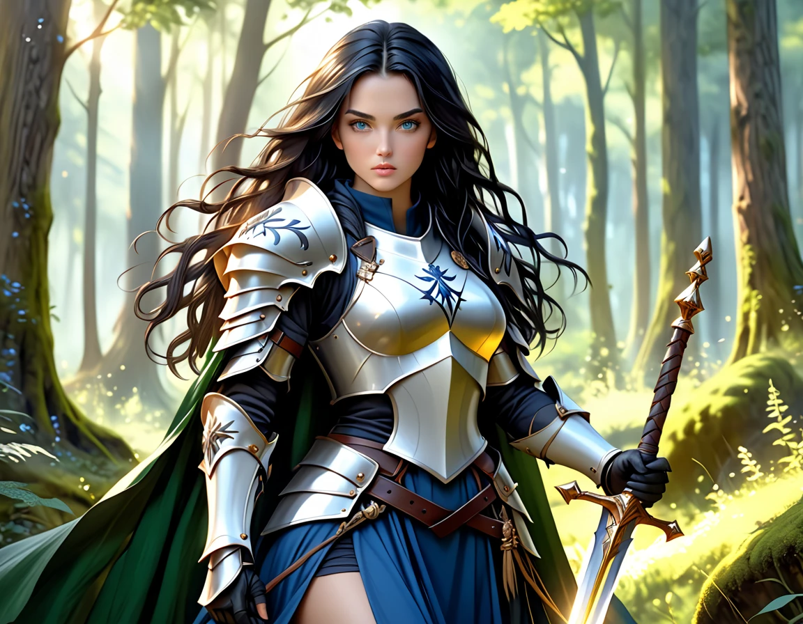 a photograph of woman paladin of nature protecting the forest, a woman knight, black hair, long hair, full body (best details, Masterpiece, best quality :1.5), ultra detailed face (best details, Masterpiece, best quality :1.5), ultra feminine (best details, Masterpiece, best quality :1.5), (black hair: 1.2), long hair, braided hair, pale skin, (deep blue: 1.2) eyes, intense eyes, wearying heavy armor, (white armor: 1.2)  (best details, Masterpiece, best quality :1.5), (green cloak: 1.2) , armed with a sword, glowing sword GlowingRunes_yellow, fantasy forest background, fantasy photography style, magical atmosphere magic-fantasy-forest, ultra best realistic, best details, best quality, 16k, [ultra detailed], masterpiece, best quality, (extremely detailed), ultra wide shot, photorealism, depth of field, hyper realistic painting, Realistic
