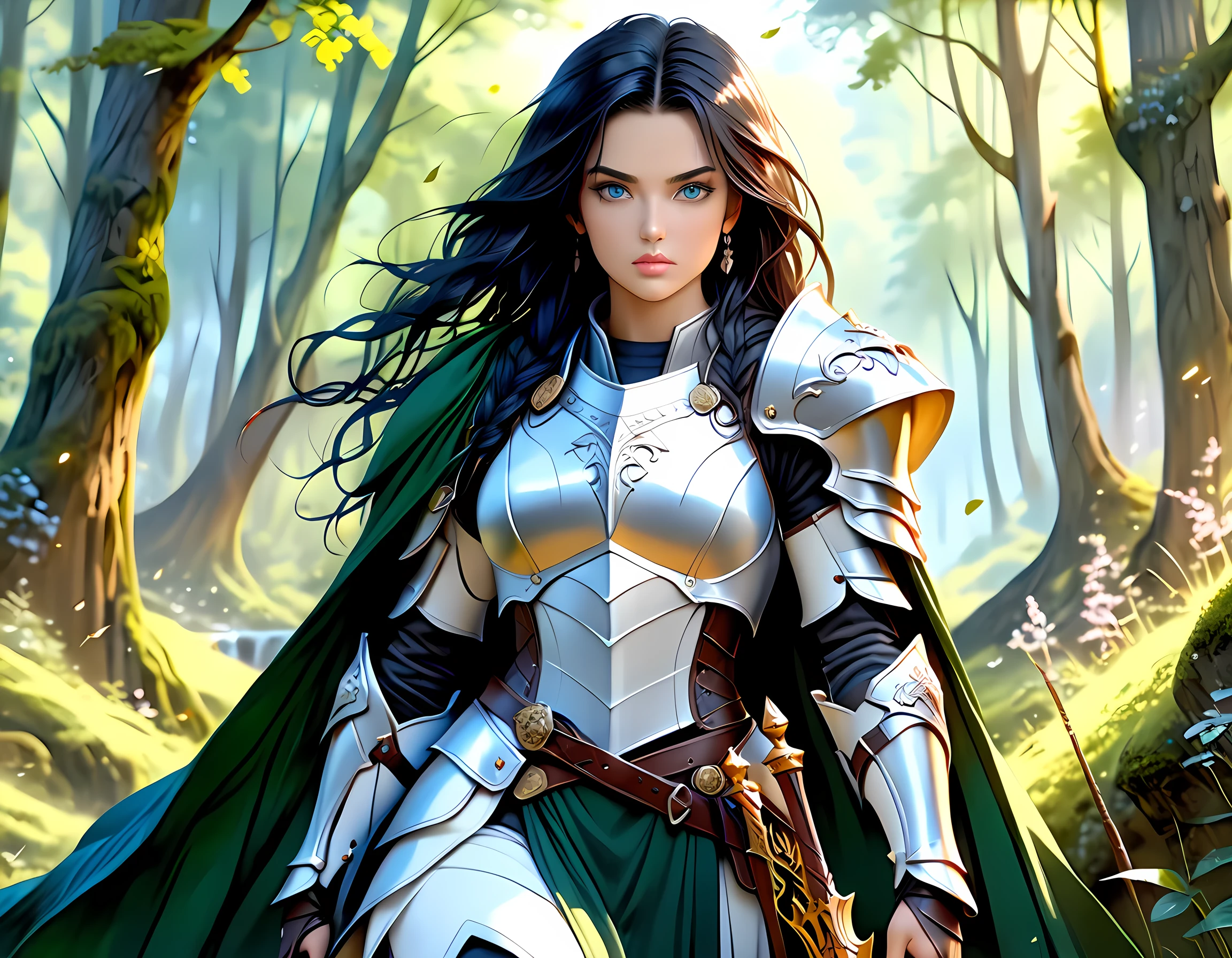 a picture of woman paladin of nature protecting the forest, a woman knight, black hair, long hair, full body (best details, Masterpiece, best quality :1.5), ultra detailed face (best details, Masterpiece, best quality :1.5), ultra feminine (best details, Masterpiece, best quality :1.5), (black hair: 1.2), long hair, braided hair, pale skin, (deep blue: 1.2) eyes, intense eyes, wearying heavy armor, (white armor: 1.2)  (best details, Masterpiece, best quality :1.5), (green cloak: 1.2) , armed with a sword, glowing sword GlowingRunes_yellow, fantasy forest background, fantasy photography style, magical atmosphere magic-fantasy-forest, ultra best realistic, best details, best quality, 16k, [ultra detailed], masterpiece, best quality, (extremely detailed), ultra wide shot, photorealism, depth of field, hyper realistic painting, Realistic
