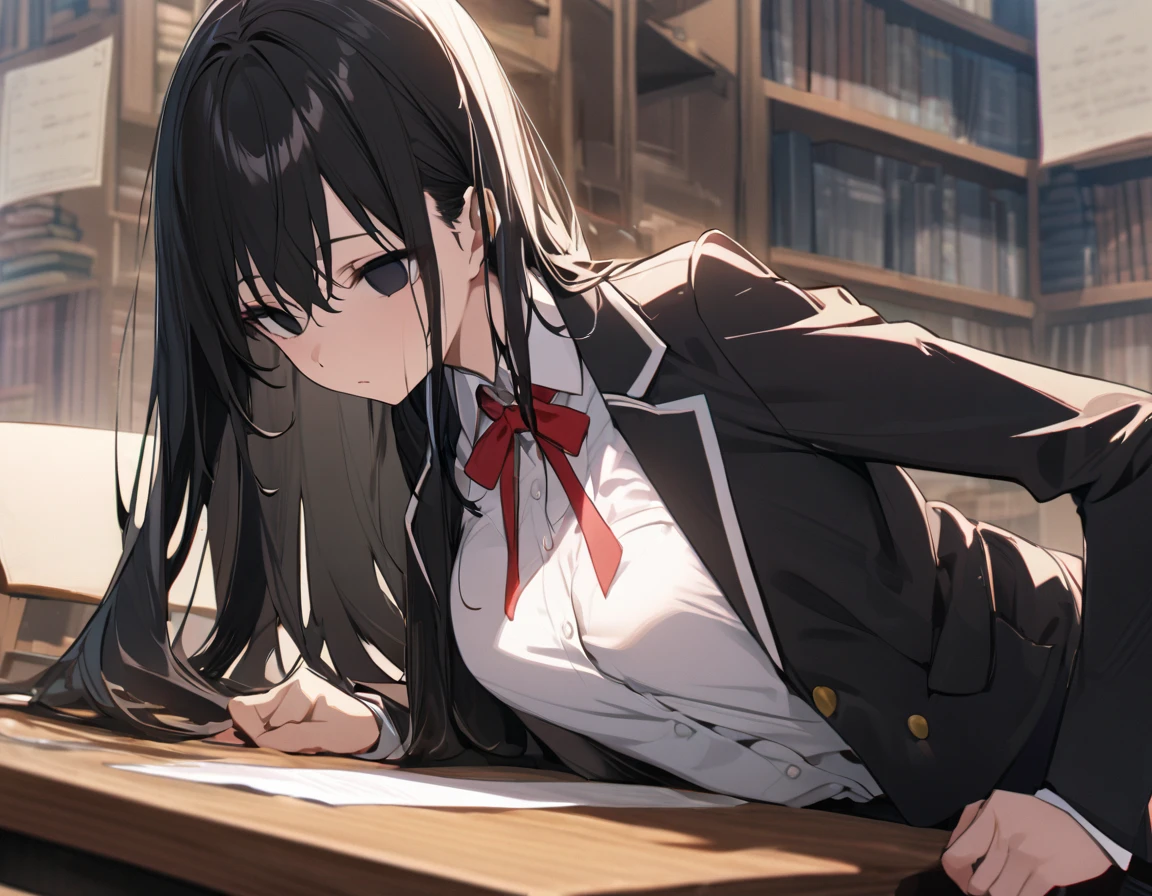 （masterpiece, Best Quality:1.2)、One person、 high school girl、Black Hair、long hair、Black Eyes、empty eyes、 slender、(Black Glasses)、黒いschool uniform, 黒のmiddle breast, blazer,  red ribbon、close mouth、no expression、Large desk、 Sitting on a Wooden Chair 、Library、study、(Man Facing Each Other)、 side view、Super Long Shot