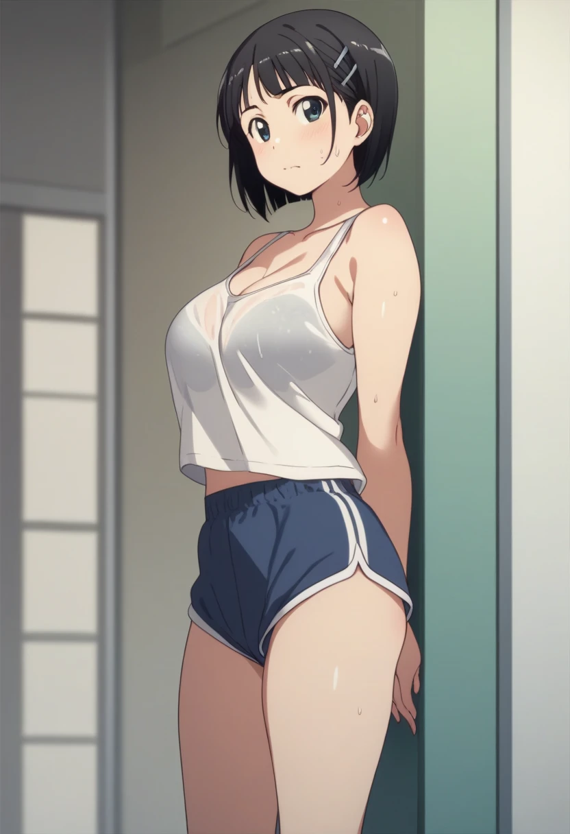 Best Quality、masterpiece、 girl１people、 short hair、Black Hair、Big Breasts、Re-suguha 、Kirihara Naoha 、 perfect body、tank top black、Bloomers、White Bra、gym、Bow　shirt mismatch 　Brasilia　Wet Shirt　Support your chest with your arms