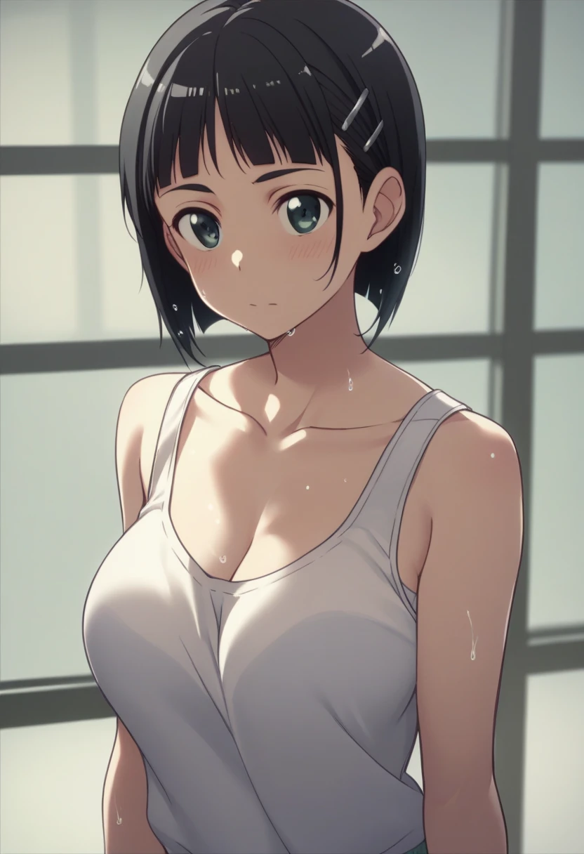 Best Quality、masterpiece、 girl１people、 short hair、Black Hair、Big Breasts、Re-suguha 、Kirihara Naoha 、 perfect body、tank top black、Bloomers、White Bra、gym、Bow　shirt mismatch 　Brasilia　Wet Shirt　Support your chest with your arms