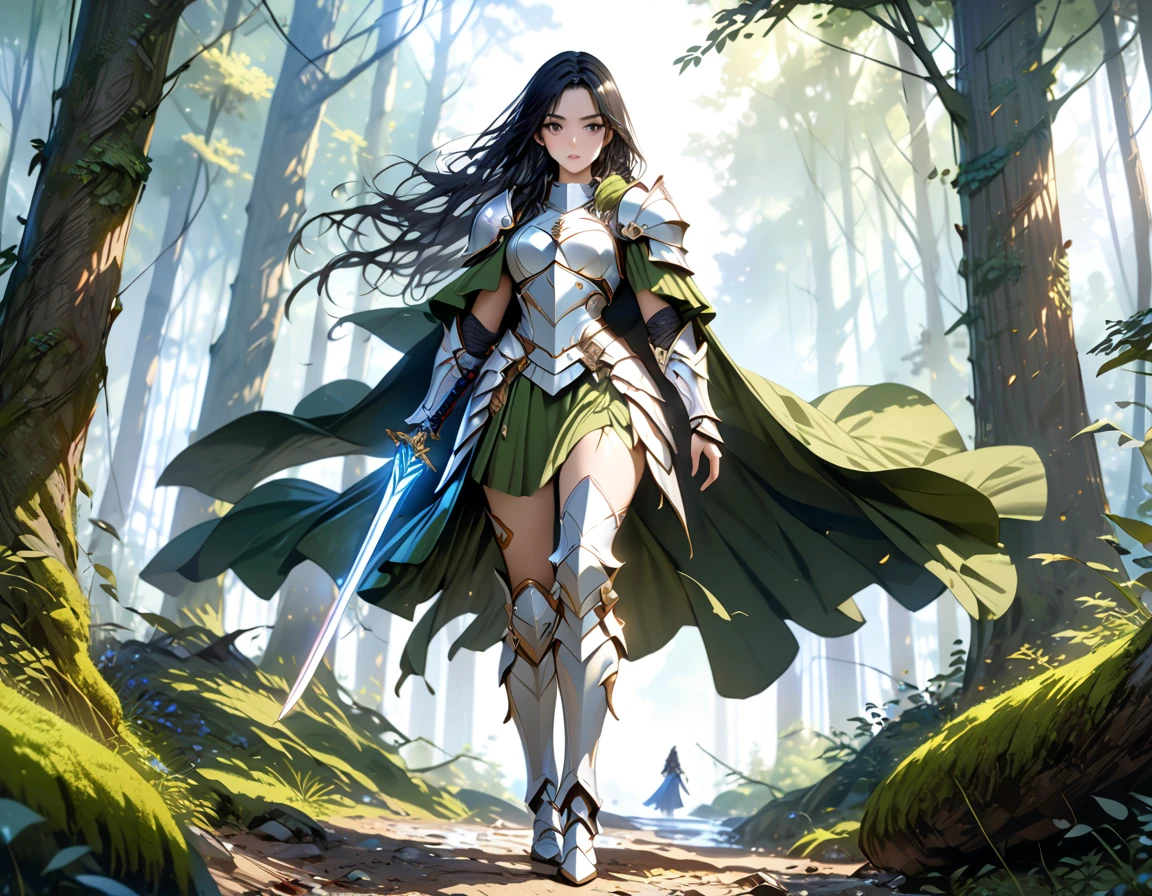 a picture of woman paladin of nature protecting the forest, a woman knight, black hair, long hair, full body (best details, Masterpiece, best quality :1.5), ultra detailed face (best details, Masterpiece, best quality :1.5), ultra feminine (best details, Masterpiece, best quality :1.5), (black hair: 1.2), long hair, braided hair, pale skin, (deep blue: 1.2) eyes, intense eyes, wearying heavy armor, (white armor: 1.2)  (best details, Masterpiece, best quality :1.5), (green cloak: 1.2) , armed with a sword, glowing sword GlowingRunes_yellow, fantasy forest background, fantasy photography style, magical atmosphere magic-fantasy-forest, ultra best realistic, best details, best quality, 16k, [ultra detailed], masterpiece, best quality, (extremely detailed), ultra wide shot, photorealism, depth of field, hyper realistic painting, Realistic
