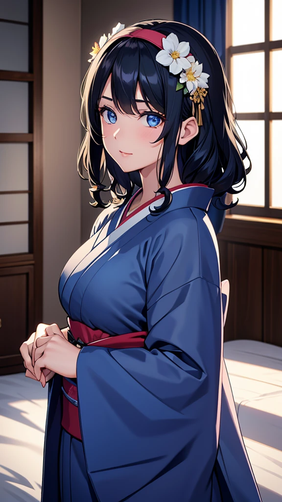top-quality、Top image quality、masterpiece、s girl((18year old、 Ager、Best Bust、Medium bust,wide open breast tea、light blue eyerest, Black and light blue hair、A slender,Large valleys、dye one's cheeks red、disheveled black yukata、Sit up、Being drunk、Bright red in the face、Disturbed pose、sexypose、seductiv)),hiquality、Beautiful Art、Background with((Ryokans in Japan、Night Hostel、Ryokan rooms、Tatami mats、Sake、dark ilumination、futon bedding/bed linen set、depth of fields、movie、