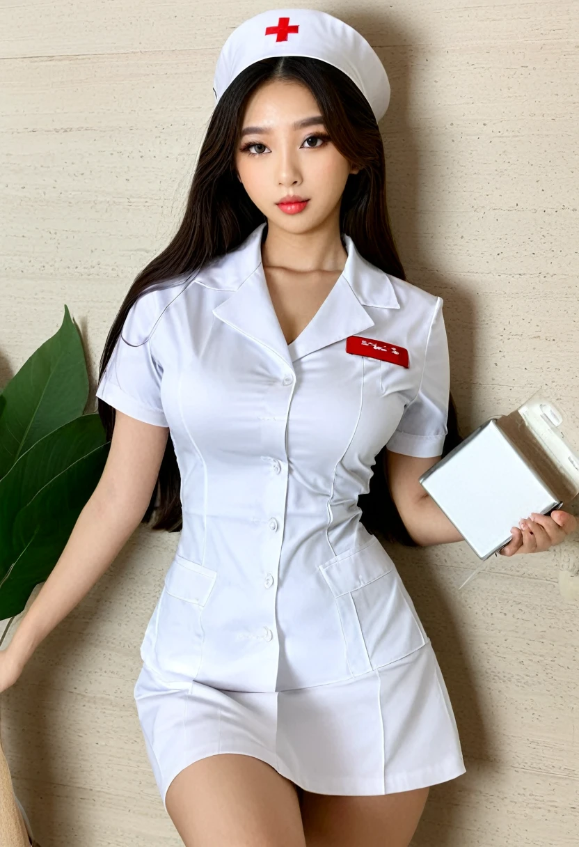 Innocent 14-year-old girl，huge breasts:1.2,cleavage of breasts:1.2、(panty shot:1.3) (white nurse uniform:1.5),( White short skirt:1.5),(White nurse hat:1.5),(white nurse pumps:1.5), (squatting:1.3）、Angle:1.2、（hands down:1.5）、The background is a hospital room.、laugh,shortcut、raw photo, (8K、top quality、masterpiece:1.2)、(intricate details:1.4)、(realistic:1.4)、octane rendering、Highly detailed representation of complex 3D renderings, studio soft light, rim light, vivid details, super detailing, realistic skin texture, detail face, Beautiful eye for detail, Highly detailed CG Unity 16k wallpaper, assembly, (detailed background:1.2), glowing skin, whole body,Squat down and bend your knees.
