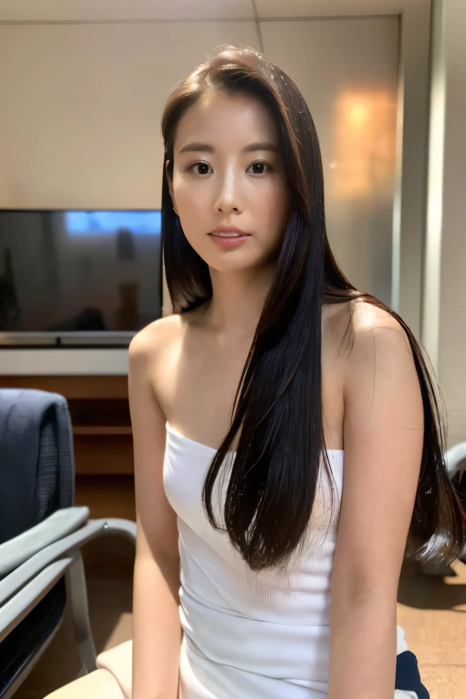 (In 8K, Best Quality, masterpiece:1.2), (Realistic, photorealistic :1.37), Super detailed, Natural Light,Japanese, smaller, (( 29 Year Old Mature Woman 1 .3)),((Topless 1.3)) ((sexy panties 1.3)),((TV Station Waiting Room 1 .3)), (( Being Voyeurized 1 .3)),((1 .3)),((Shooting from below 1.3))photoshot