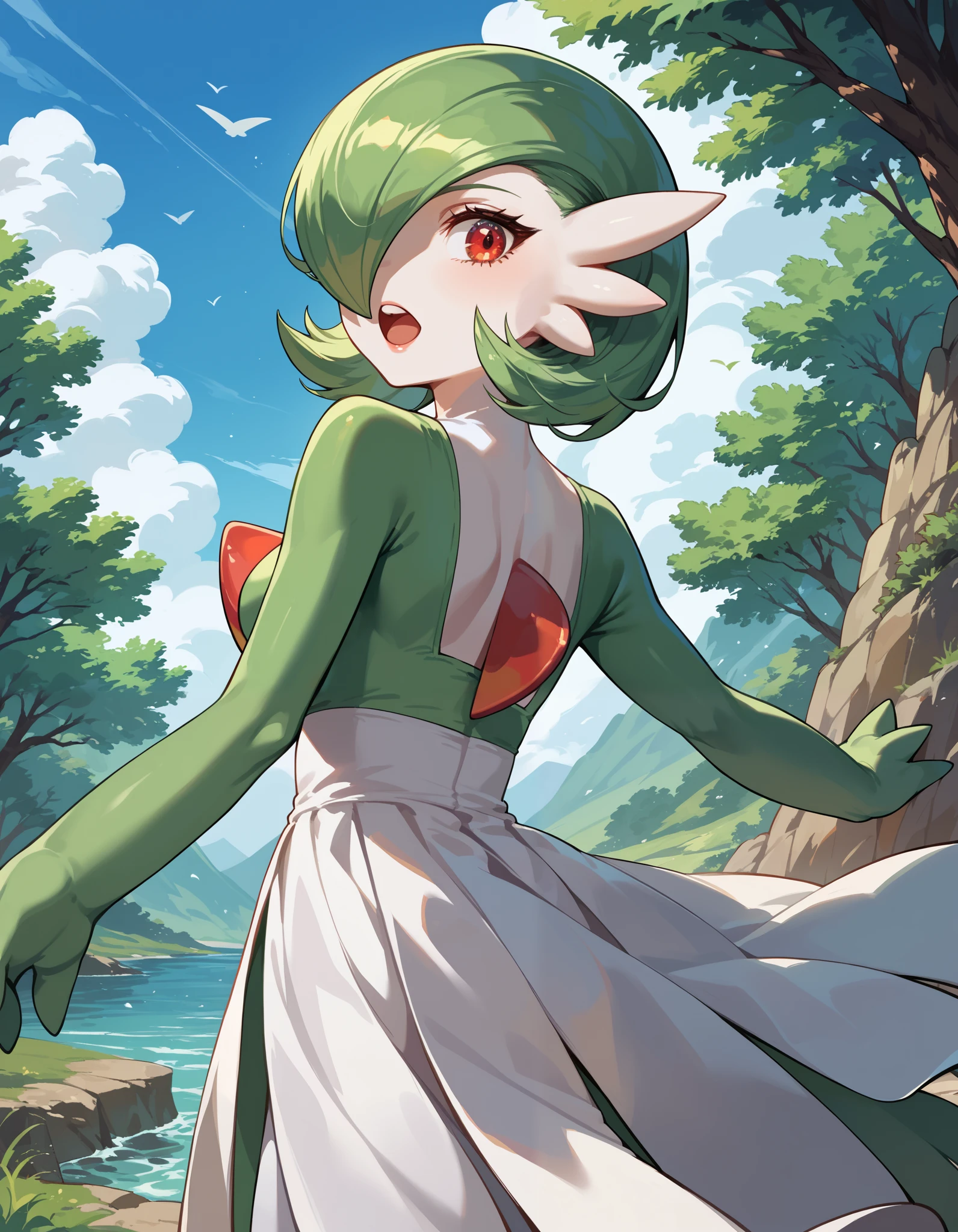 score_9, score_8_up, score_7_up,  rating_safe, best quality, masterpiece, BREAK gardevoir, solo, 1girl, colored skin, gen 3 pokemon, green hair, hair over one eye,  looking back, open mouth,  pokemon (creature), red eyes, teeth, upper teeth only, white skin