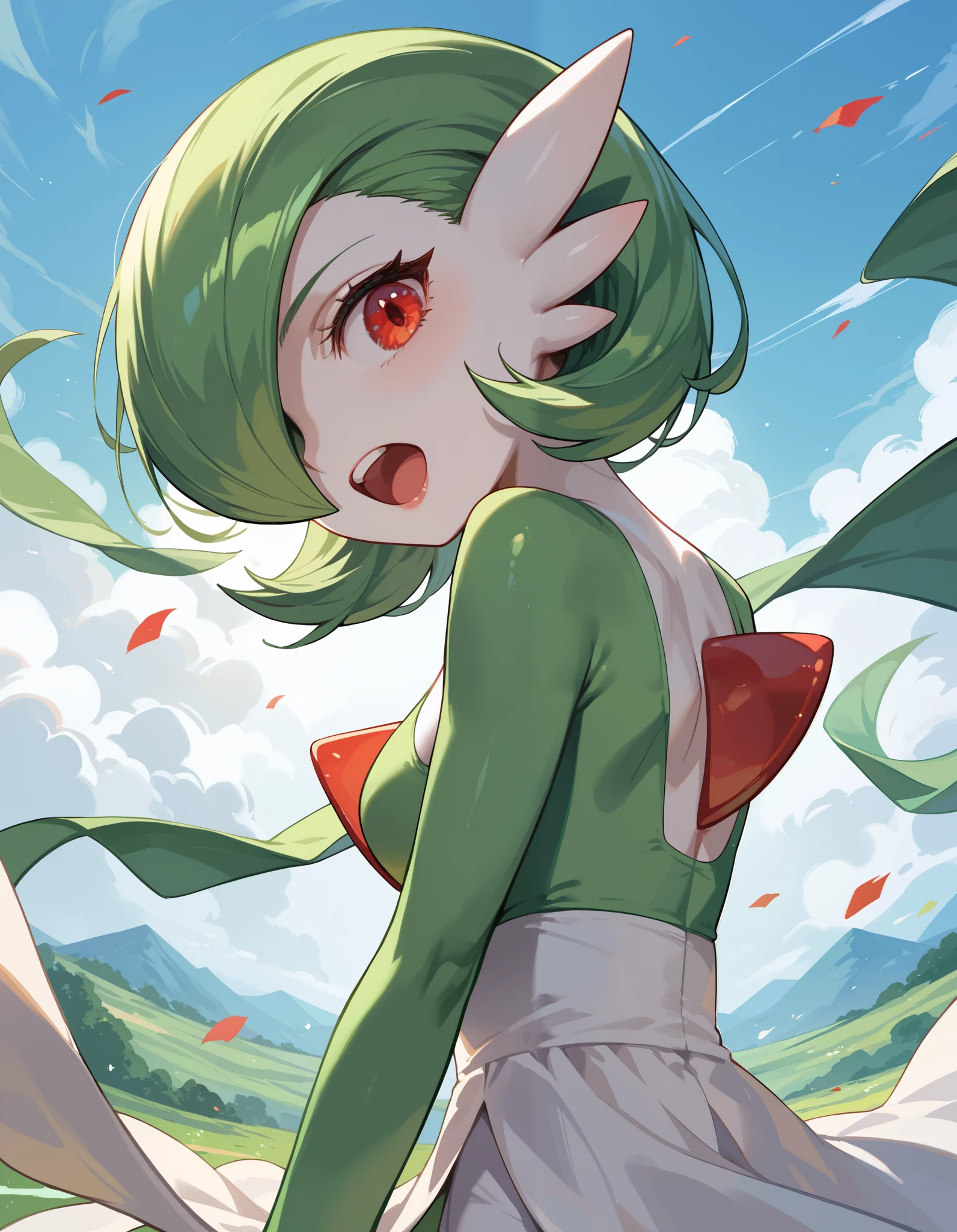 score_9, score_8_up, score_7_up,  rating_safe, best quality, masterpiece, BREAK gardevoir, solo, 1girl, colored skin, gen 3 pokemon, green hair, hair over one eye,  looking back, open mouth,  pokemon (creature), red eyes, teeth, upper teeth only, white skin