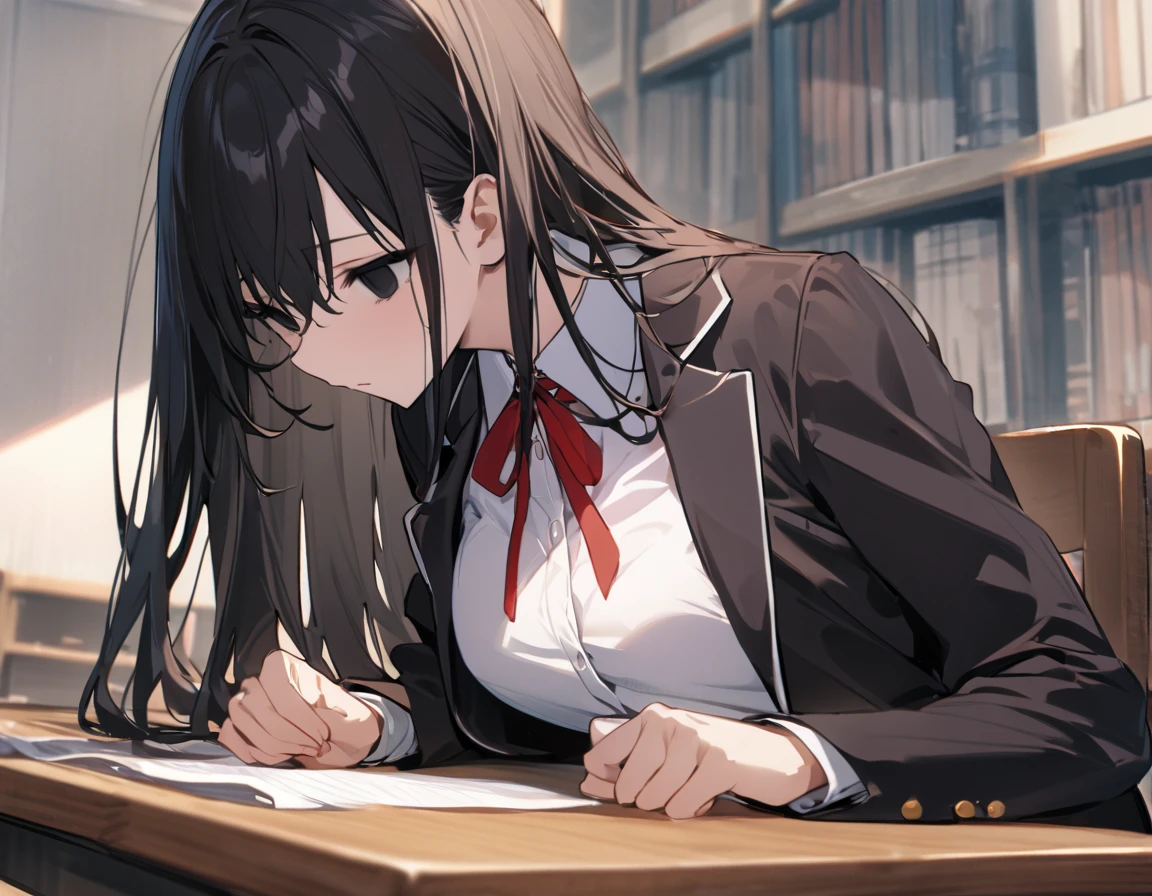 （masterpiece, Best Quality:1.2)、One person、 high school girl、Black Hair、long hair、Black Eyes、empty eyes、 slender、Black Glasses、黒いschool uniform, 黒のmiddle breast, blazer,  red ribbon、close mouth、no expression、Large desk、 Sitting on a Wooden Chair 、Library、study、(Man Facing Each Other)、 side view、Super Long Shot