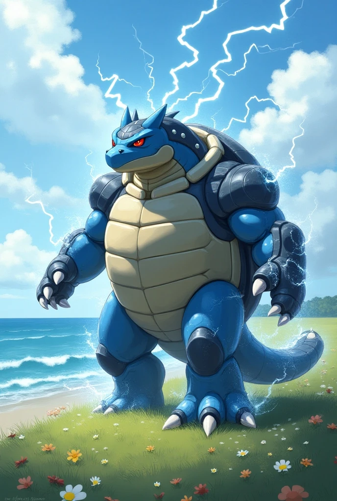 Un mélange entre le Pokémon Tortank et Zekrom qui marche dans une plaine à côté de la mer avec des éclairs et de l’eau autour de lui