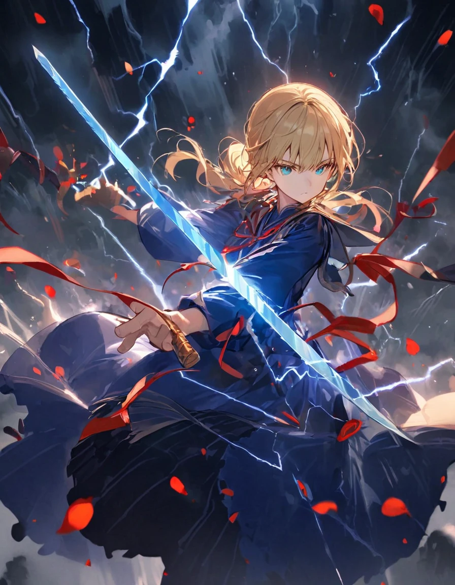 Saber in action, Glowing blue sword, Flowing blue dress, Blonde hair tied, Red ribbon accent, Dramatic chaotic background, Floating swords, Dark stormy sky, Lightning illumination, Red petals scattered, Focused expression, Eyes glowing green, Sense of epic battle, Heroism and strength,Dsmile