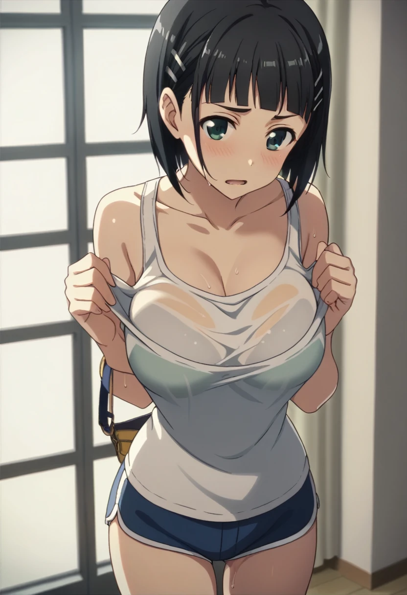 Best Quality、masterpiece、 girl１people、 short hair、Black Hair、Big Breasts、Re-suguha 、Kirihara Naoha 、 perfect body 、tank top black、Bloomers、White Bra、gym、 slouching forward　shirt mismatch 　Brasilia　Wet Shirt　Hold your chest with your arms