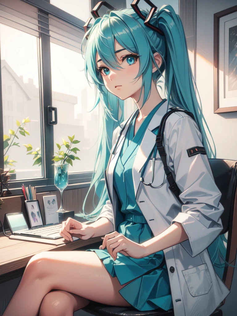 A high-resolution, 8K image of a beautiful young woman dressed as a doctor, sitting in a modern medical consultation room and waiting for her next patient. She is wearing a white doctor’s coat over a professional outfit, with a gentle and reassuring expression,The background includes typical doctor’s office items such as a desk, stethoscope, medical charts, and a computer,The lighting is soft, enhancing a calm and welcoming atmosphere,Highly detailed, with realistic colors and textures,

hatsunemiku, miku hatsune, ahoge, aqua eyes, aqua hair, crossed bangs, hair between eyes, hair ornament, long hair, twintails,
BREAK (masterpiece:1.2), best quality, high resolution, unity 8k wallpaper, (illustration:0.8), (beautiful detailed eyes:1.6), extremely detailed face, perfect lighting, extremely detailed CG, (perfect hands, perfect anatomy),