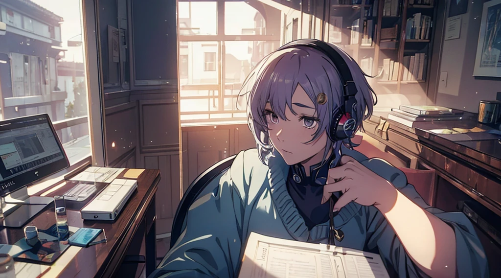 hd images, detailed, csm anime style,  1boy, short hair, headphone, chair, room, look to side