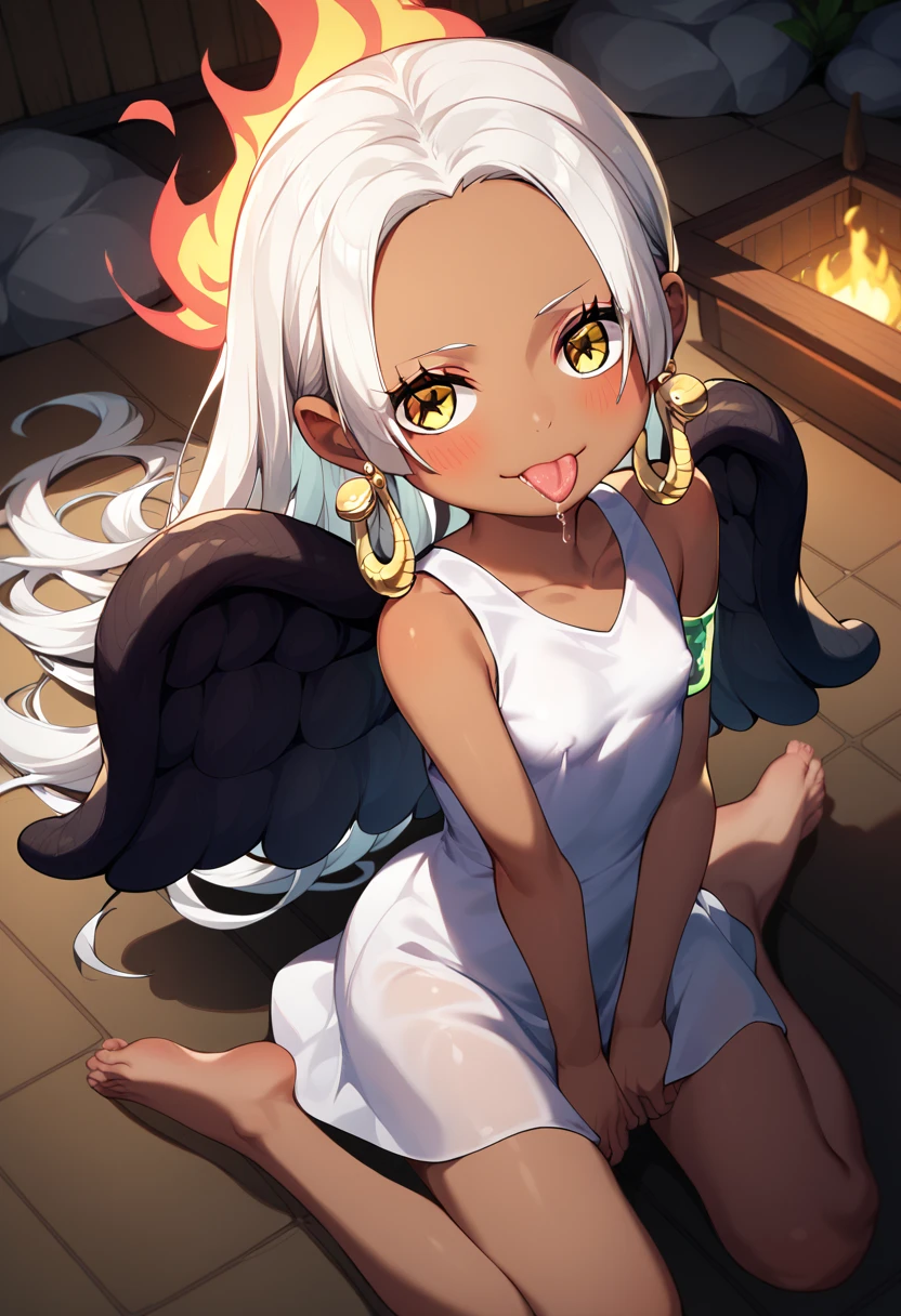 UHD, retina, textured skin, high details, high quality, best quality,  highres icon, 1080P, HD, 16k、1 Girl,Earthsnake , Long Hair, white hair, Brown Skin、,  earrings for a woman alone, Yellow Eyes, symbol-shaped pupils,  black wings  ,  small breasts.  sundress,  white dress,  sleeveless, armlet、 cute、Flames on the back、flat chest、full body、hot spring、embarrassed、bashful、saliva、erection of nipple、stick out tongue