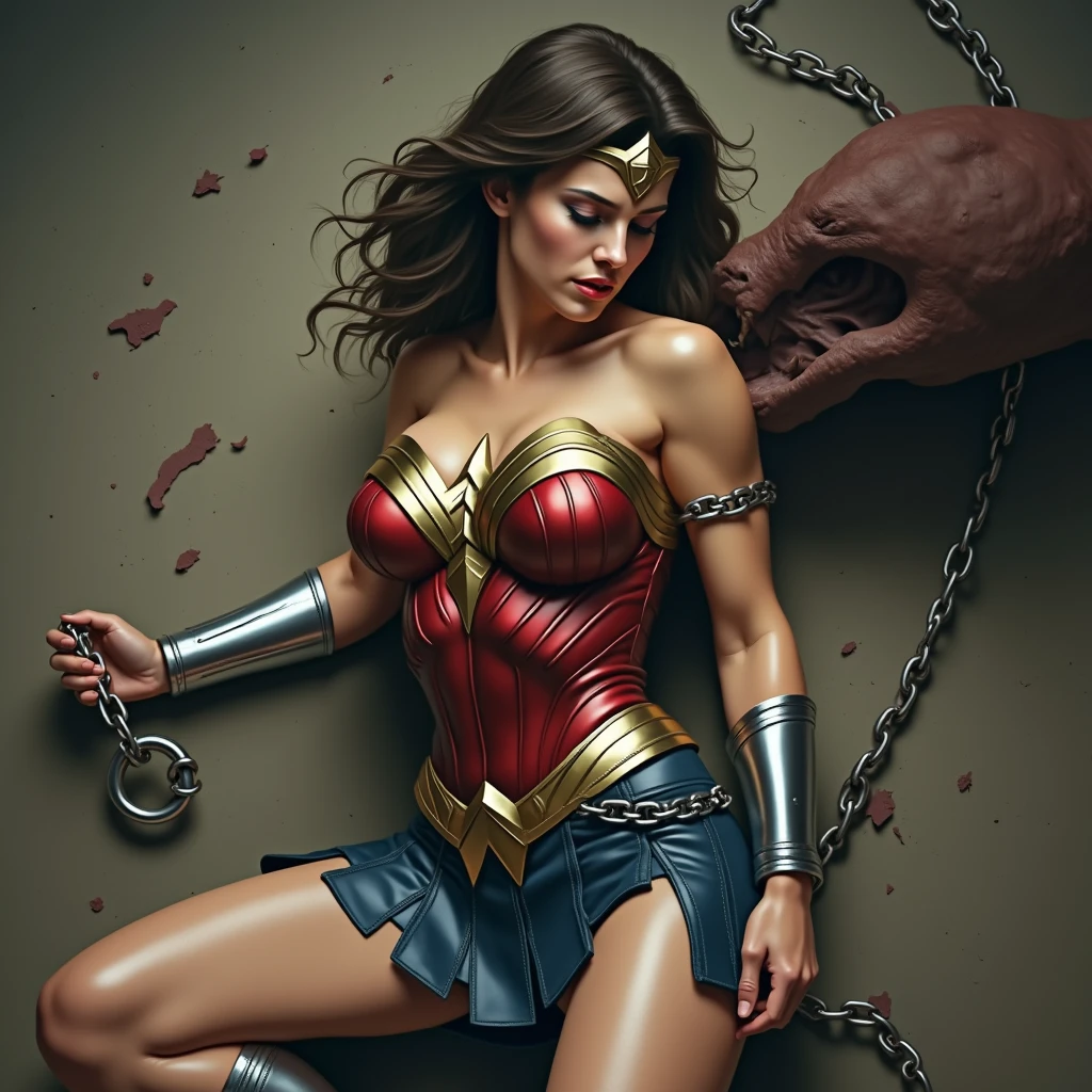 ((She&#39;s doing half squats,  pernas abertas)), usando uma calcinha rendada estrelada, Without bra. WONDER WOMAN SUPERHEROINE, She is screaming in terror, She is terrified, She is crying a lot.  ela tem cabelos escuros, ela tem cabelos compridos. ((She is a filthy whore, IN THE CASTLE DUNGEON, at night)).  She's wearing a bandage belt, she's using 7/8 meias rede,  usando stilettos high heels.  Capturado, Sequestrado, abandonado, Torturado, escravizado, envergonhado. tied with arms above head. She screams and screams to call her enemies and beg for mercy and bursts into tears. em seguida, The ropes run down the middle over her back through her married sleeve swimsuit to tie her legs just above her knees and ankles. Vestindo um obsceno, Apertado, decotado, sleeveless swimsuit. Wearing a grosted metal necklace around the neck. Seus tornozelos, your wrists and neck are fastened with chains. Forced into prostitution. ( She doesn't shave, Ela tem muito cabelo nas axilas, She has a lot of hair in the pubic area.  your clothes are wet, your pubis is swollen.(Sua urina corre pelas pernas dela, dripping on the floor. It has a large puddle of urine on the floor). She's hurt, Ela tem hematomas por todo o corpo, she's scratched. Usando uma renda de fita de empregada