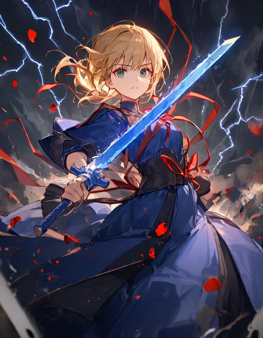 Saber in action, Glowing blue sword, Flowing blue dress, Blonde hair tied, Red ribbon accent, Dramatic chaotic background, Floating swords, Dark stormy sky, Lightning illumination, Red petals scattered, Focused expression, Eyes glowing green, Sense of epic battle, Heroism and strength,Dsmile