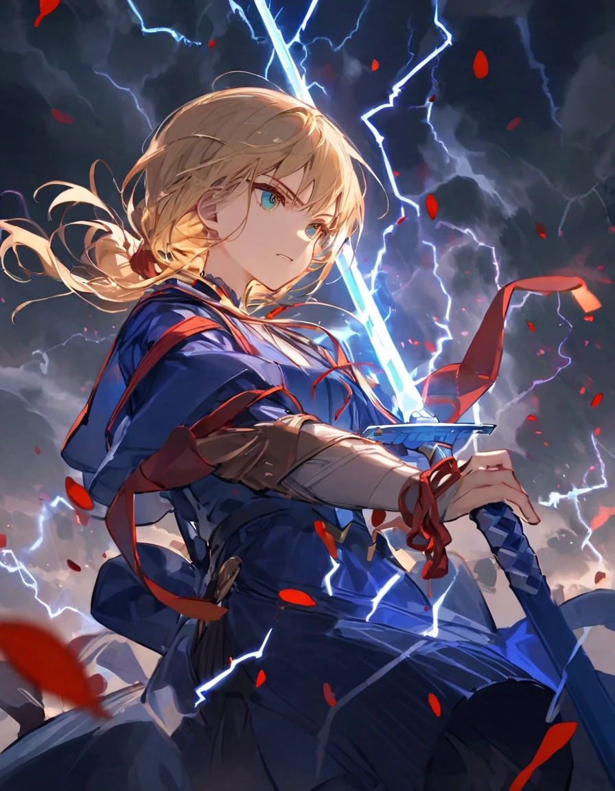 Saber in action, Glowing blue sword, Flowing blue dress, Blonde hair tied, Red ribbon accent, Dramatic chaotic background, Floating swords, Dark stormy sky, Lightning illumination, Red petals scattered, Focused expression, Eyes glowing green, Sense of epic battle, Heroism and strength,Dsmile