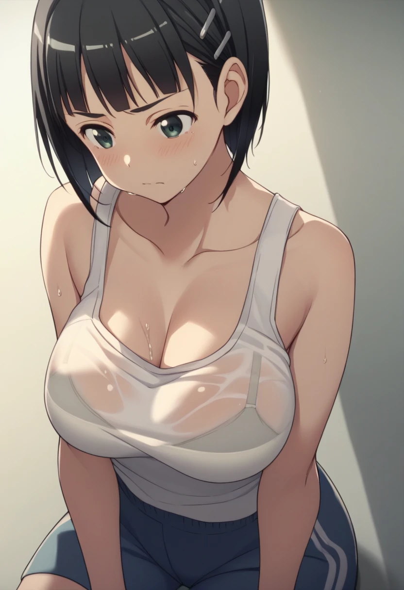 Best Quality、masterpiece、 girl１people、 short hair、Black Hair、Big Breasts、Re-suguha 、Kirihara Naoha 、 perfect body、tank top black、Bloomers、White Bra、gym、 slouching forward　shirt mismatch 　Brasilia　Wet Shirt　Hold your chest with your arms　juvenile　Sneaking up　Harassment