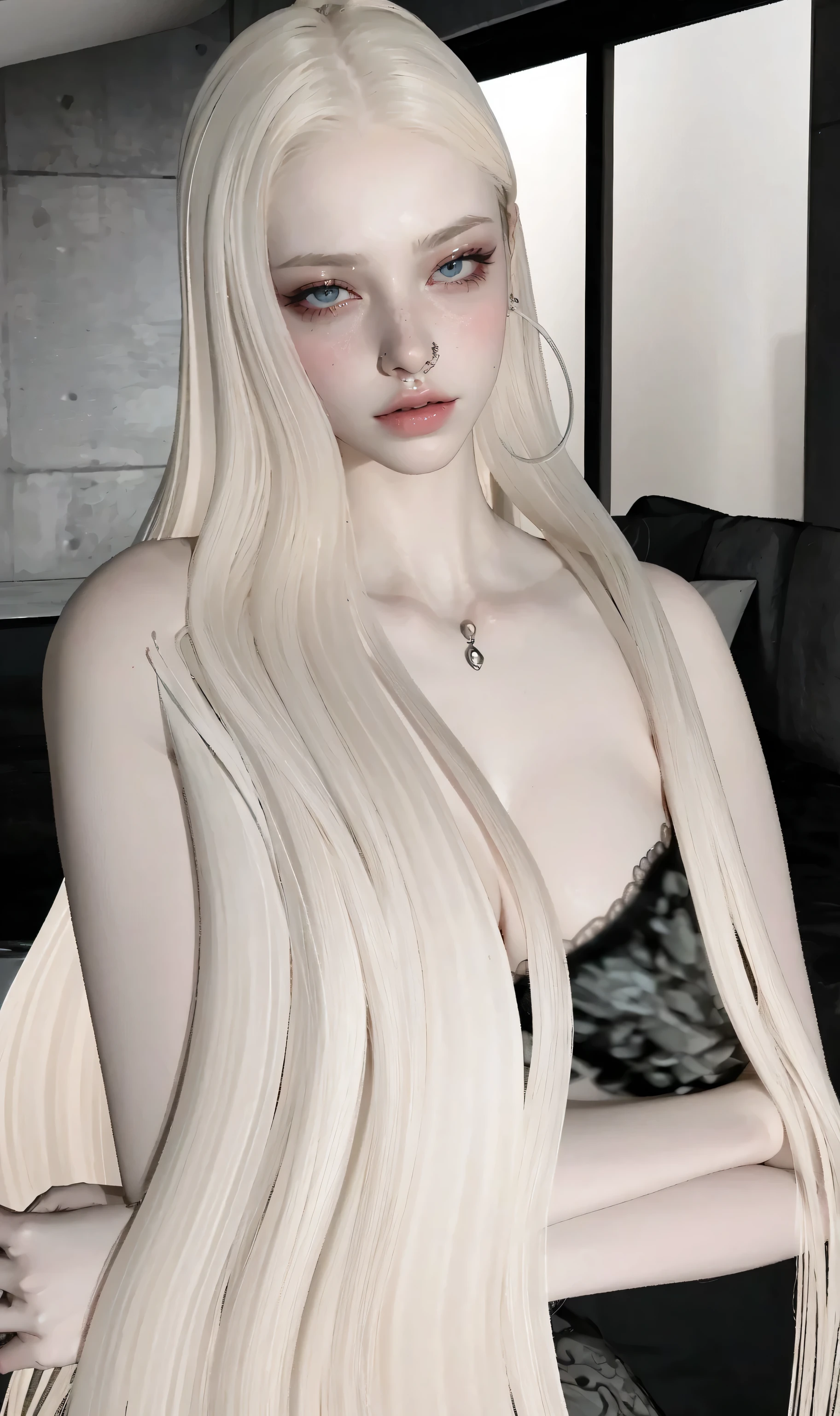 ((best quality)), ((masterpiece)), (detailed), White Face Female Android, many tech stuff wires and transistors shown, white hair of wires, standing in front of a mirror that is showing her backside