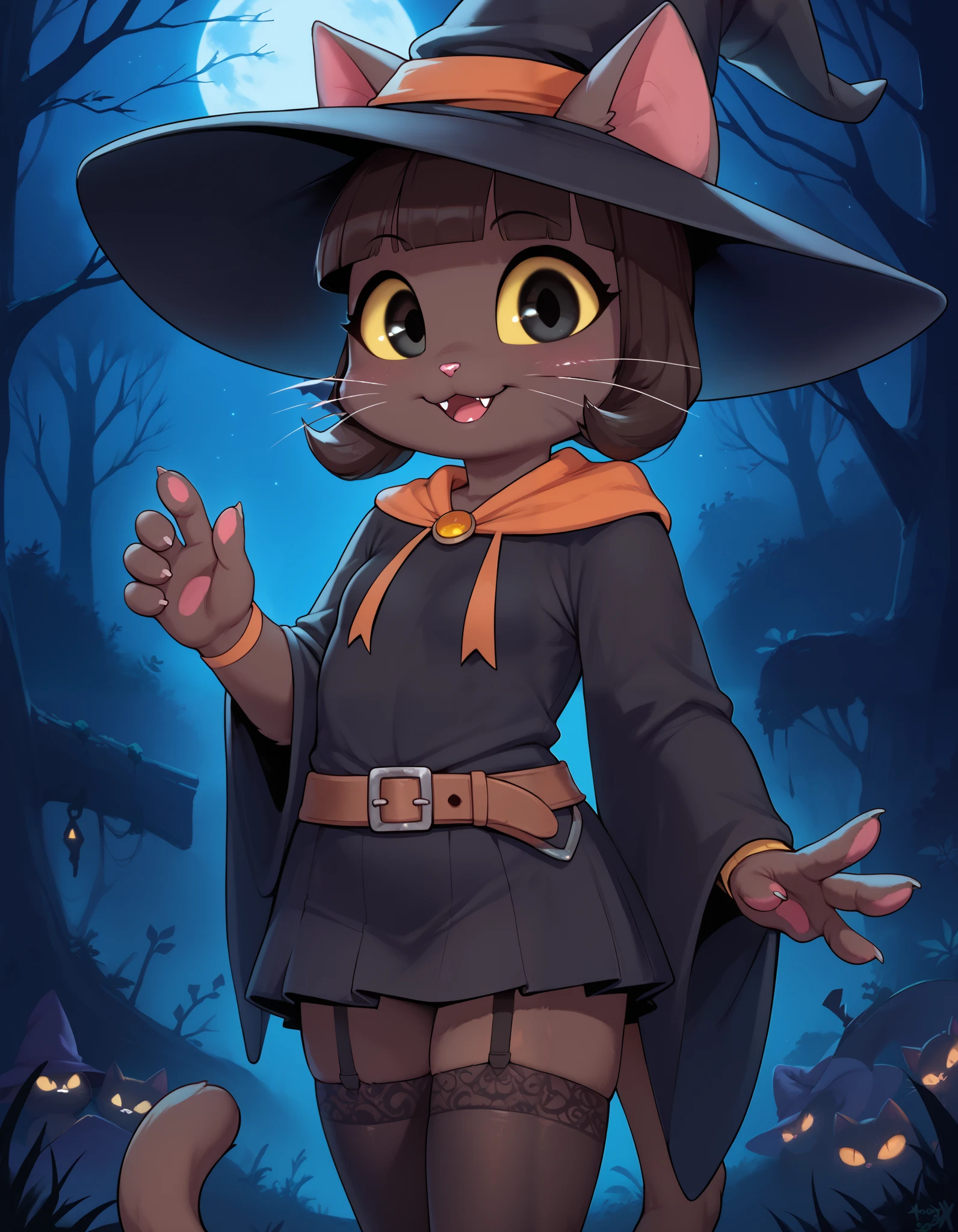 score_9, score_8_up, score_7_up, source_furry, solo, high detail, 4k, high resolution, Detailed background, spooky forest, night, (Ivy pepper, blunt bangs, black eyes, yellow sclera, furry, dark skin, dark fur, anthro cat, whiskers, cute), (witch hat, witch outfit, stockings) 