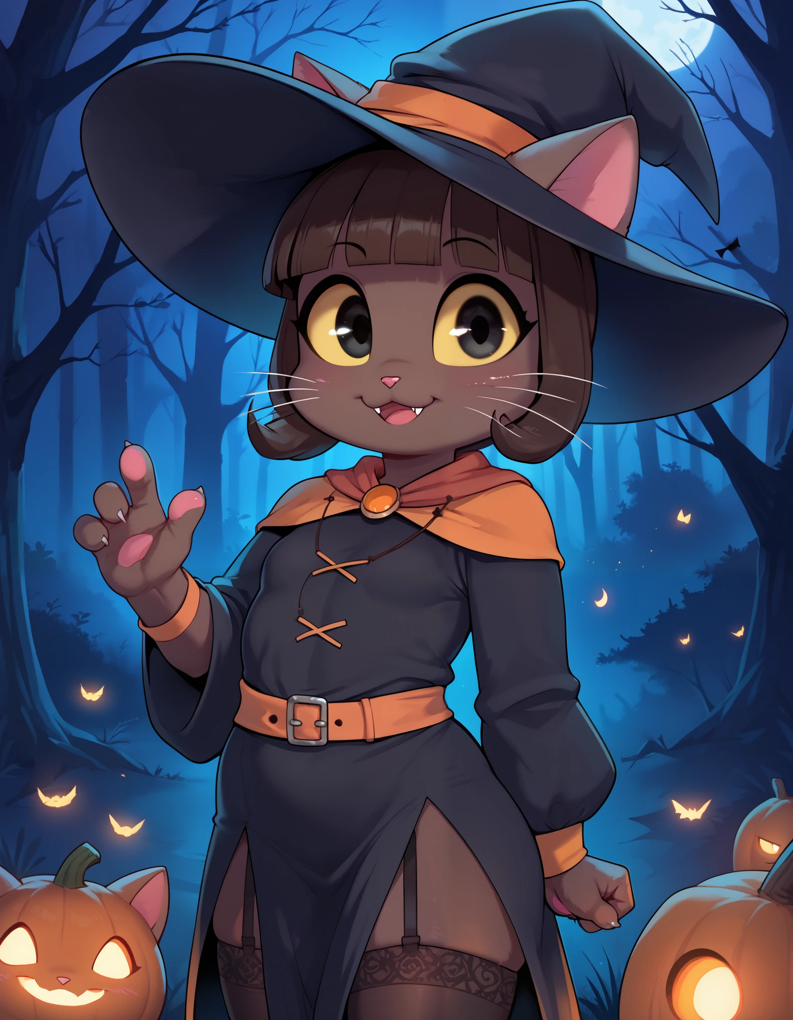 score_9, score_8_up, score_7_up, source_furry, solo, high detail, 4k, high resolution, Detailed background, spooky forest, night, (Ivy pepper, blunt bangs, black eyes, yellow sclera, furry, dark skin, dark fur, anthro cat, whiskers, cute), (witch hat, witch outfit, stockings) 