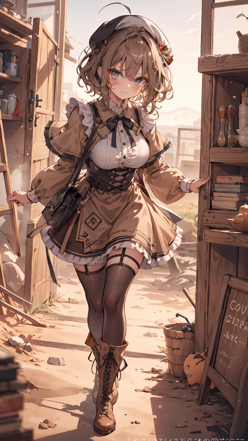 masterpiece, 1 girl, sparrow, a brown haired girl, wearing a maid clothes, curly short hair, messy hair, slim body, he close her left eye, shirt ornament, ruby eyes, ahoge, baby face, beautiful eyes, boots, droopy eyes, her age is 19, short hair, curly hair, MongolPunkAI, view from right down, lend a hand to you, he very close to you, smug smile, rainbow_one, brown tunic shirt, brown flared skirt, beret, maid, high quality, 8k, student, big breasts, beautiful breasts, white stocking, long sleeves, brown furry capelet, shsparkle, angry face