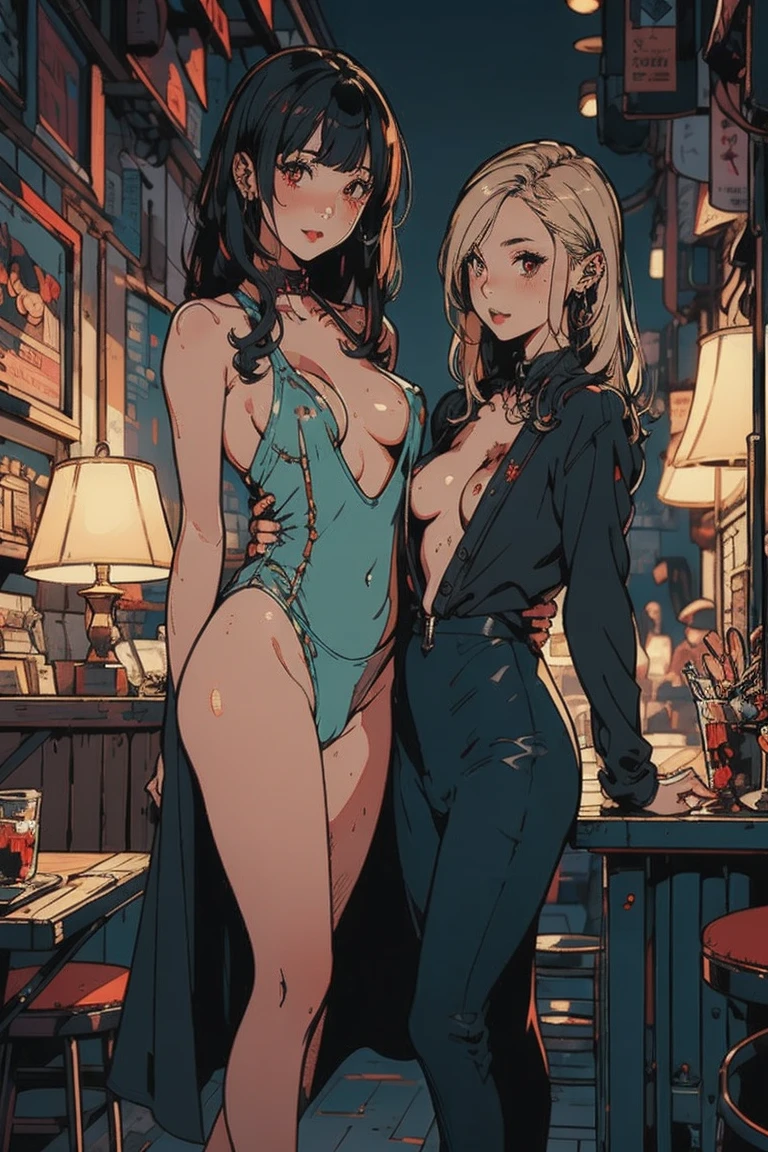 NSFW, (see-through:1.2), flat, ligneclaire, masterpiece, Best Quality,  Hi-Res,  1 girl, Alone, Modern Vampires, Red Hair, Long Hair, Open Hair, red eyes,  Evil Smiles , On both sides of her were two girls, both vampires with Red Hair, Red and black outfit, Moonlit Night in the City