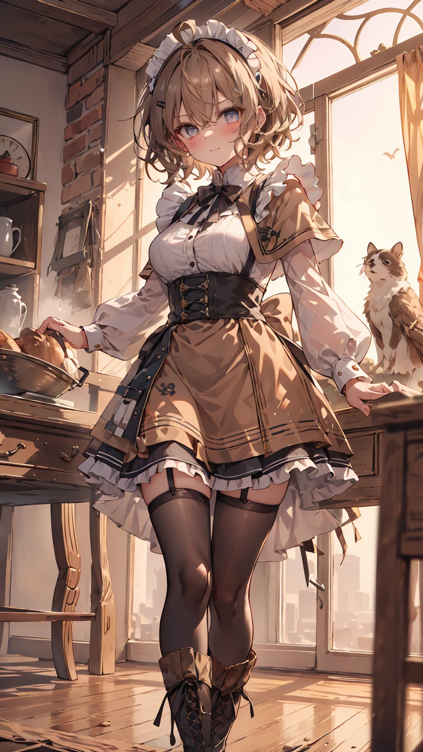 masterpiece, 1 girl, sparrow, a brown haired girl, wearing a maid clothes, curly short hair, messy hair, slim body, he close her left eye, shirt ornament, ruby eyes, ahoge, baby face, beautiful eyes, boots, droopy eyes, her age is 19, short hair, curly hair, MongolPunkAI, view from right down, lend a hand to you, he very close to you, smug smile, rainbow_one, brown tunic shirt, brown flared skirt, maid headband, maid, high quality, 8k, student, big breasts, beautiful breasts, white stocking, long sleeves, brown furry capelet, shsparkle, angry face