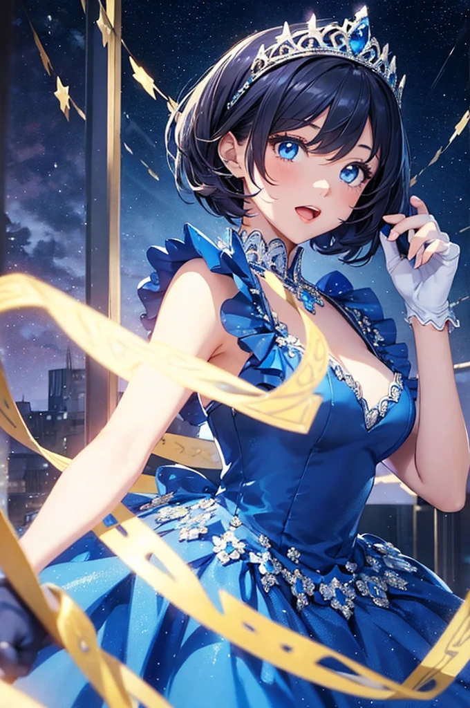 a drawing of an animated girl wearing a blue dress and tiara, 1girl, solo, dress, blue eyes, gloves, tiara, short hair, open mouth