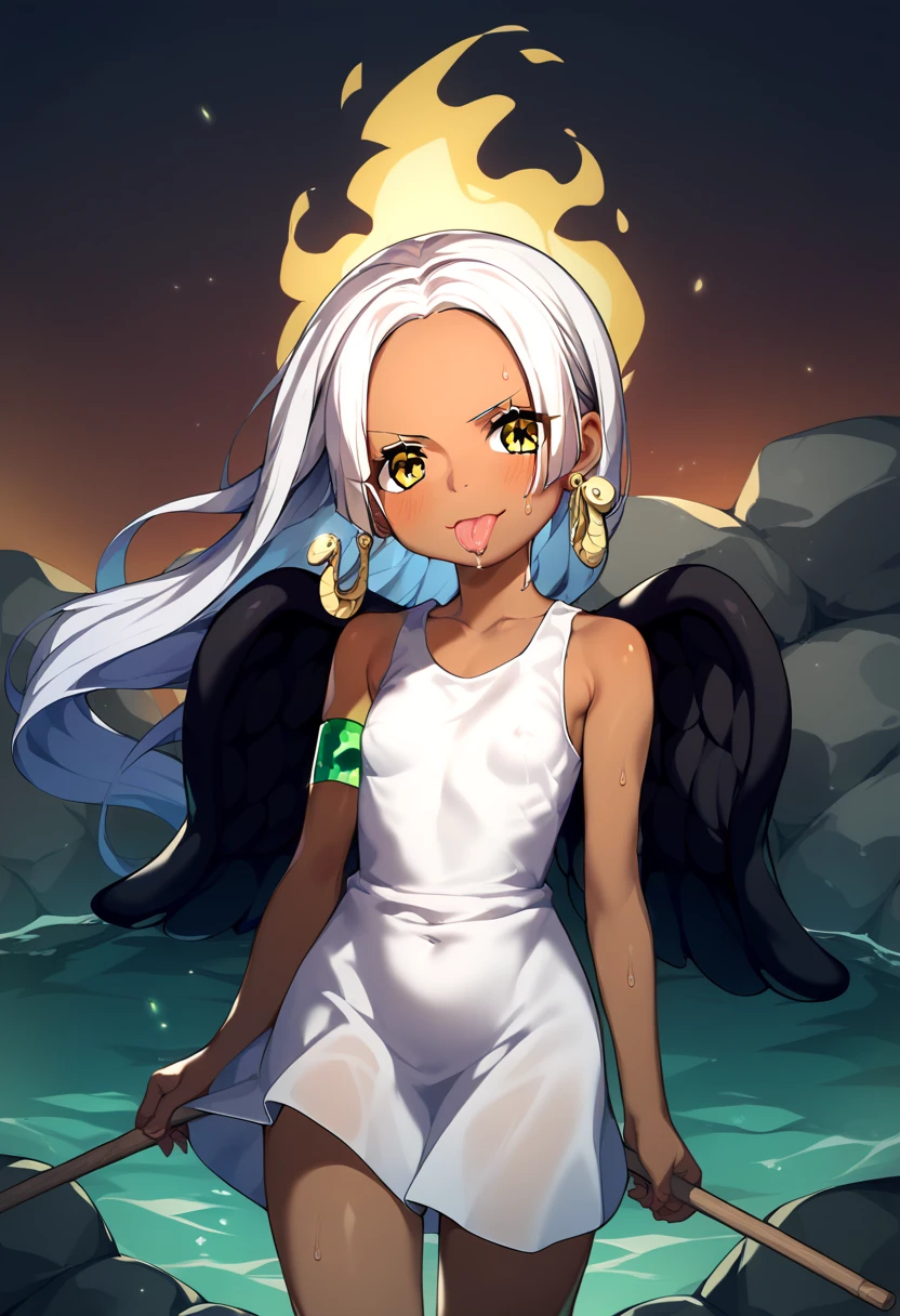 UHD, retina, textured skin, high details, high quality, best quality,  highres icon, 1080P, HD, 16k、1 Girl,Earthsnake , Long Hair, white hair, Brown Skin、,  earrings for a woman alone, Yellow Eyes, symbol-shaped pupils,  black wings  ,  small breasts.  sundress,  white dress,  sleeveless, armlet、 cute、Flames on the back、flat chest、full body、hot spring、embarrassed、bashful、saliva、erection of nipple、stick out tongue、sweat skin、fog skin、arched back