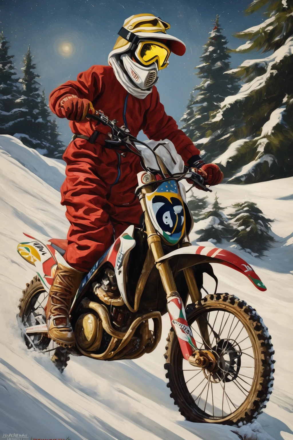 old christmas paintings, wearing enduro  motocross goggles,inspired by paintings of Caravaggio
