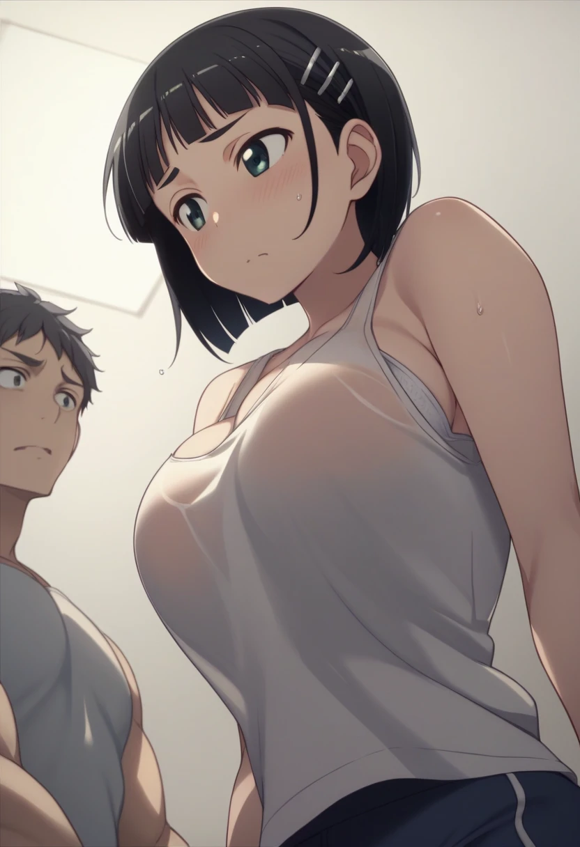 Best Quality、masterpiece、 girl１people、 short hair、Black Hair、Big Breasts、Re-suguha 、Kirihara Naoha 、 perfect body、tank top black、Bloomers、White Bra、gym、 slouching forward　shirt mismatch 　Brasilia　Wet Shirt　Hold your chest with your arms　juvenile　Sneaking up　Harassment　The tank top slips below the chest