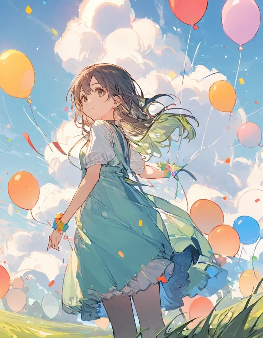 anime-style girls, serene outdoors, light dresses, green grass, bright sky, fluffy clouds, colorful balloons, falling confetti, festive atmosphere,Dsmile