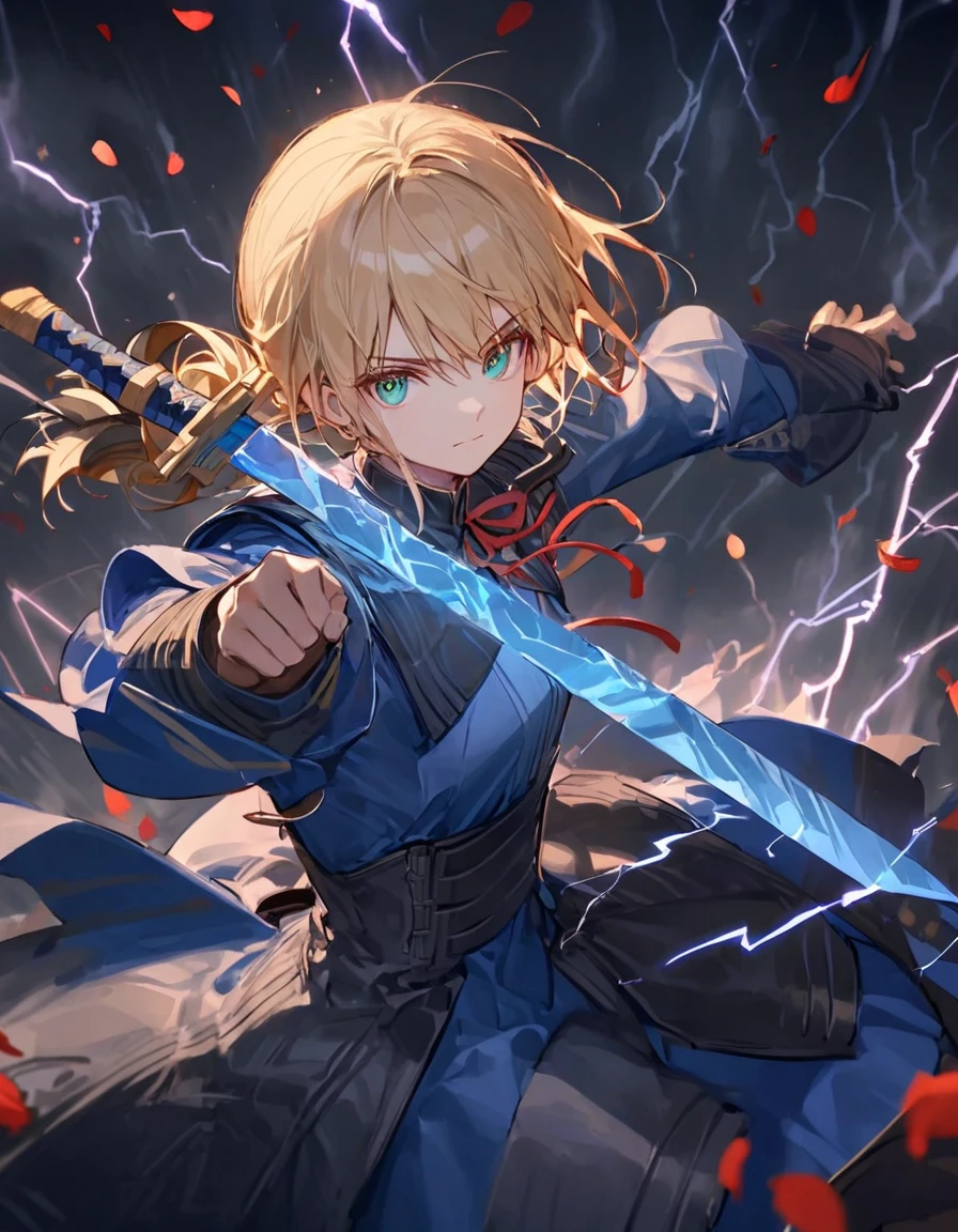 Saber in action, Glowing blue sword, Flowing blue dress, Blonde hair tied, Red ribbon accent, Dramatic chaotic background, Floating swords, Dark stormy sky, Lightning illumination, Red petals scattered, Focused expression, Eyes glowing green, Sense of epic battle, Heroism and strength,Dsmile