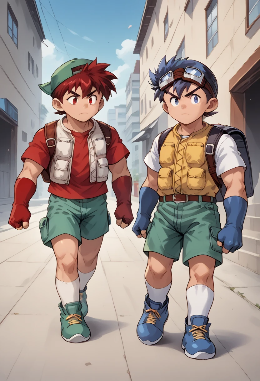  huge muscles,score_9,score_8_up,score_7_up,score_6_up,score_5_up,score_4_up,source_anime,
BREAK
2boys,multiple boys,male focus,,male ,,blue hair,blue eyes,goggles,goggles on head,red hair,red eyes,hat,Baseball cap,
Full shot of SeiBago ,bag,backpack,shorts,male focus,2boys,Baseball cap,hat,goggles,gloves,fingerless gloves,multiple boys,backwards hat,red eyes,walking,blue hair,goggles on head,shirt,green shorts,socks,blue footwear,blue eyes,white socks,shoes,pants,short hair,closed mouth,