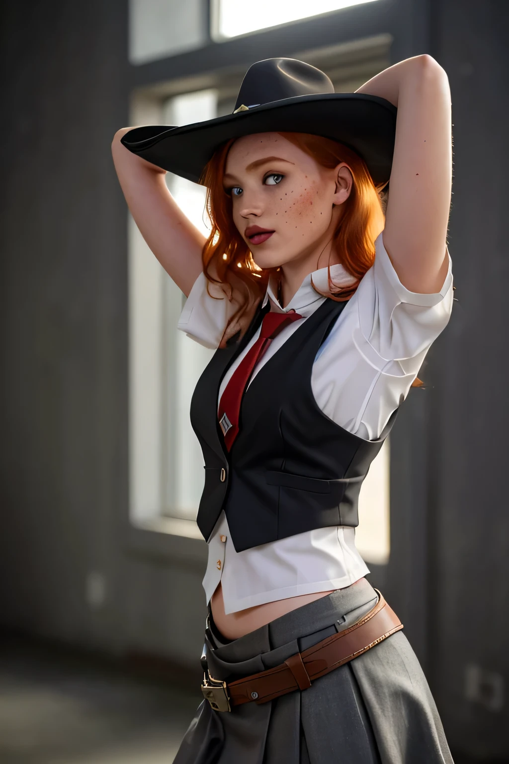 1girl in, age21, Madelaine Petsch, photo of perfect woman, 5'3", Solo, Aesthetic artwork, (irish  redhead, wavy ginger hair, shoulder length ginger hair:1.25), (some small freckles, pale skin, small breasts, B-cup, perky, hard nipples, runners body, very thin waist, skinny, petite, detailed skin texture), smile, (blank background, plain background, blank wall, (ashek1ck1x, cboutfit, score_9, score_8_up, score_7_up, score_6_up, necktie, cowboy hat, rolled sleeves, vest, skirt), (extremely detailed 8k wallpaper), soft lighting, high quality, film grain, Fujifilm XT3 sharp focus, f 5.6, 50mm, High Detail, Sharp focus,(natural light), crazy details, complex details, hyper detailed