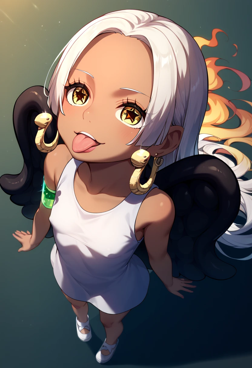 UHD, retina, textured skin, high details, high quality, best quality,  highres icon, 1080P, HD, 16k、1 Girl,Earthsnake , Long Hair, white hair, Brown Skin、,  earrings for a woman alone, Yellow Eyes, symbol-shaped pupils,  black wings  ,  small breasts.  sundress,  white dress,  sleeveless, armlet、 cute、Flames on the back、flat chest、full body、looking up、from above、Stick one’s tongue out、erection of nipple