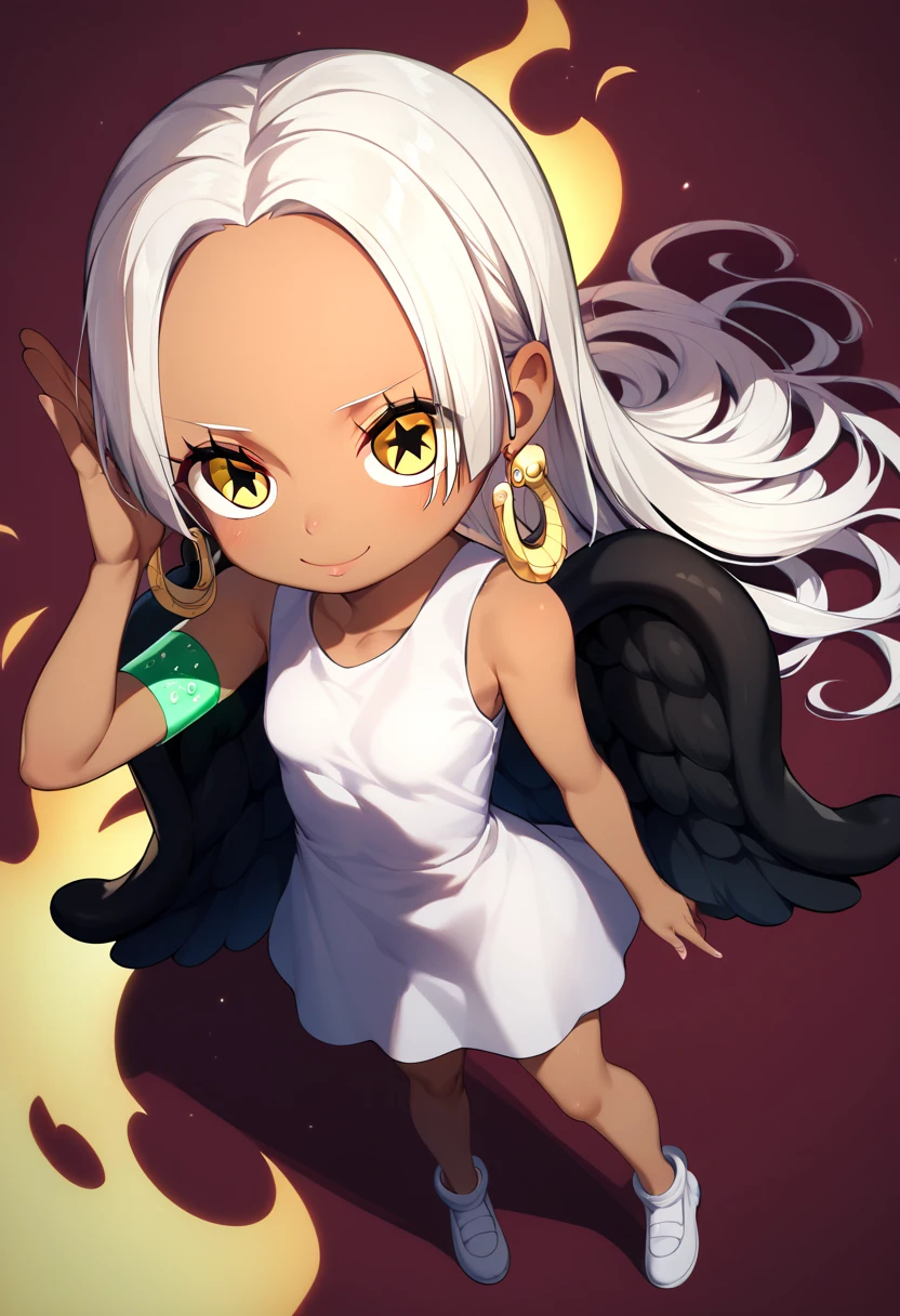 UHD, retina, textured skin, high details, high quality, best quality,  highres icon, 1080P, HD, 16k、1 Girl,Earthsnake , Long Hair, white hair, Brown Skin、,  earrings for a woman alone, Yellow Eyes, symbol-shaped pupils,  black wings  ,  small breasts.  sundress,  white dress,  sleeveless, armlet、 cute、Flames on the back、flat chest、full body、winnter 、looking up、salute、erection of nipple